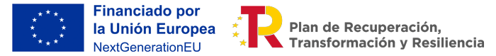 Logotipo con la bandera de la UE y texto: "Financiado por la Unión Europea NextGenerationEU". Al lado, la bandera de España y texto: "Plan de Recuperación, Transformación y Resiliencia".